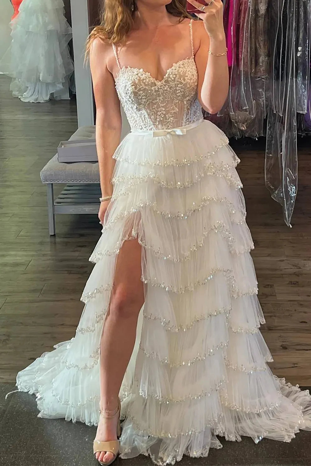 A Line Princess Spaghetti Straps Corset Prom Dress with Ruffles