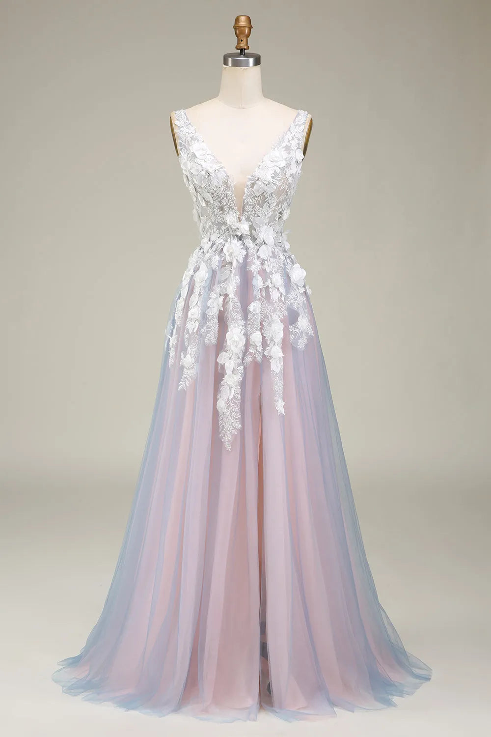 A-Line Back Long Tulle Prom Dress with Appliques