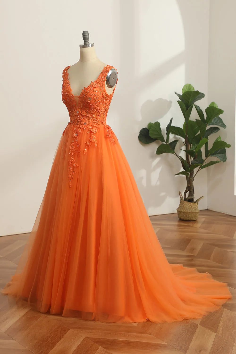 A Line V Neck Princess Long Prom Dress with Appliques