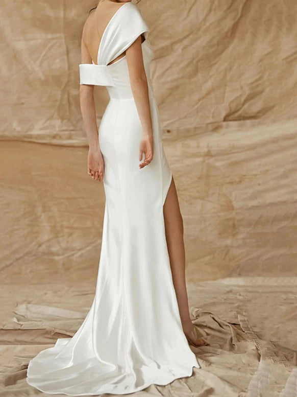 Sheath One-Shoulder Silk Satin Wedding Dress