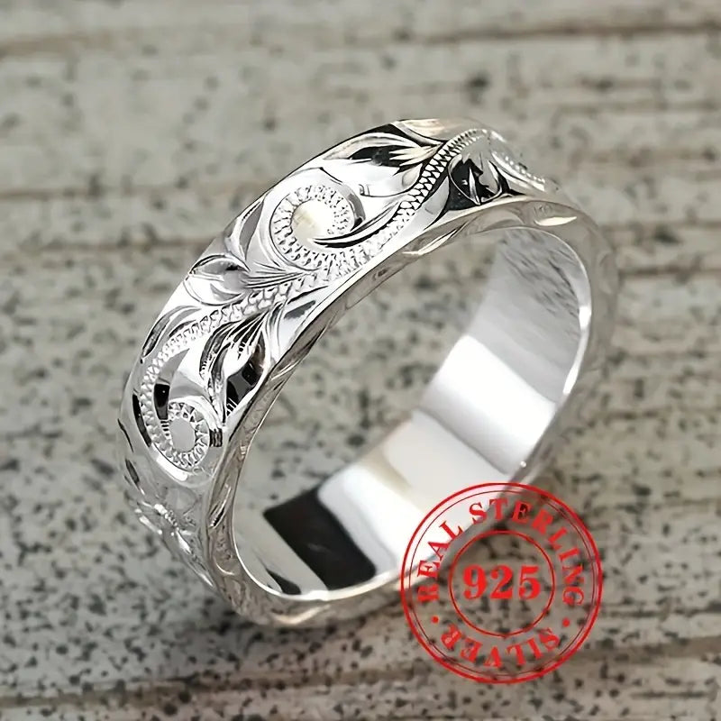 925 Sterling Silver Artisan Crafted Carved Leaf and Flower Bohemian Wide Band Ring, Vintage-Inspired Elegance