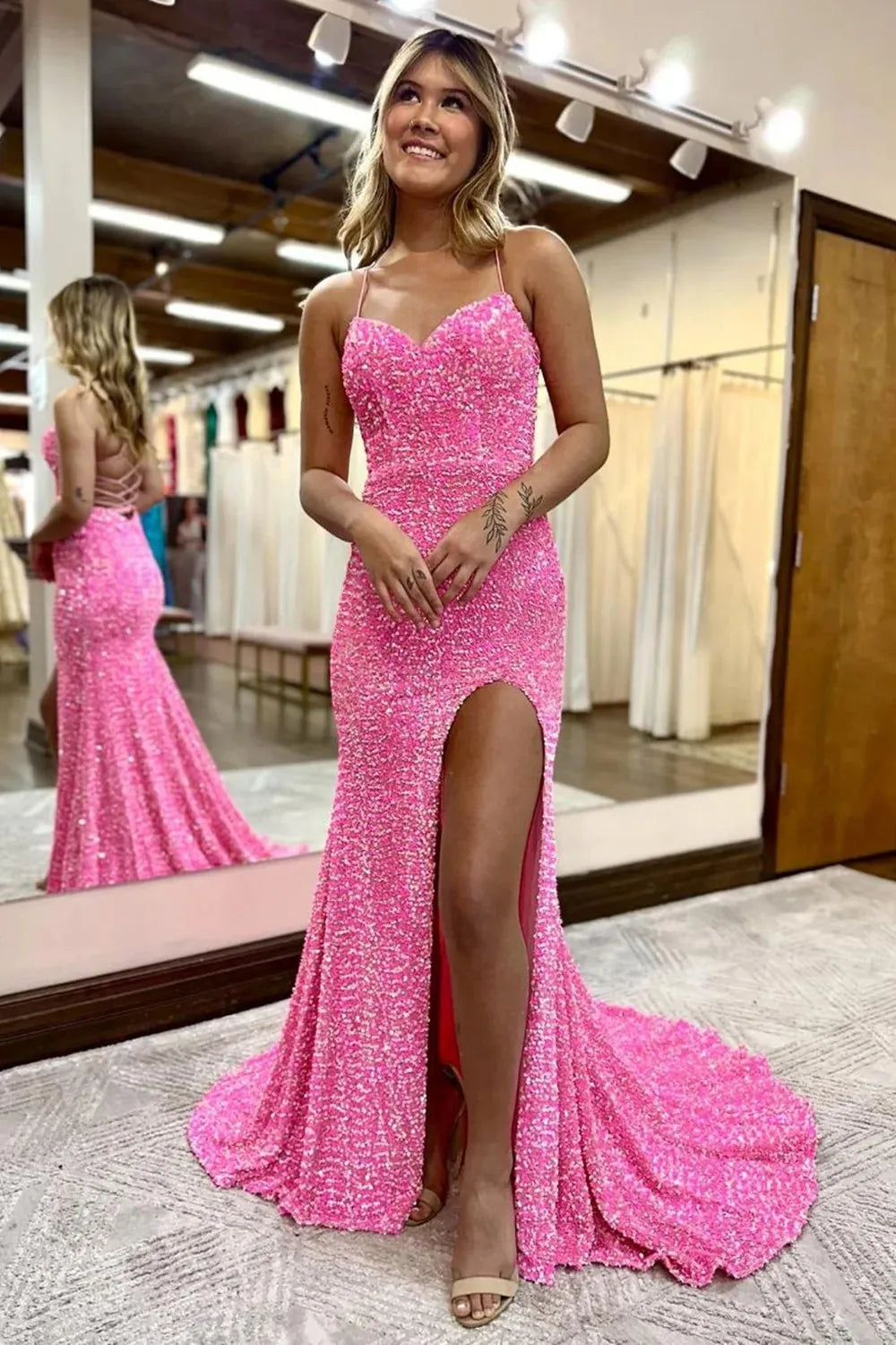 Mermaid Halter Sequins Long Prom Dress with Criss Cross Back