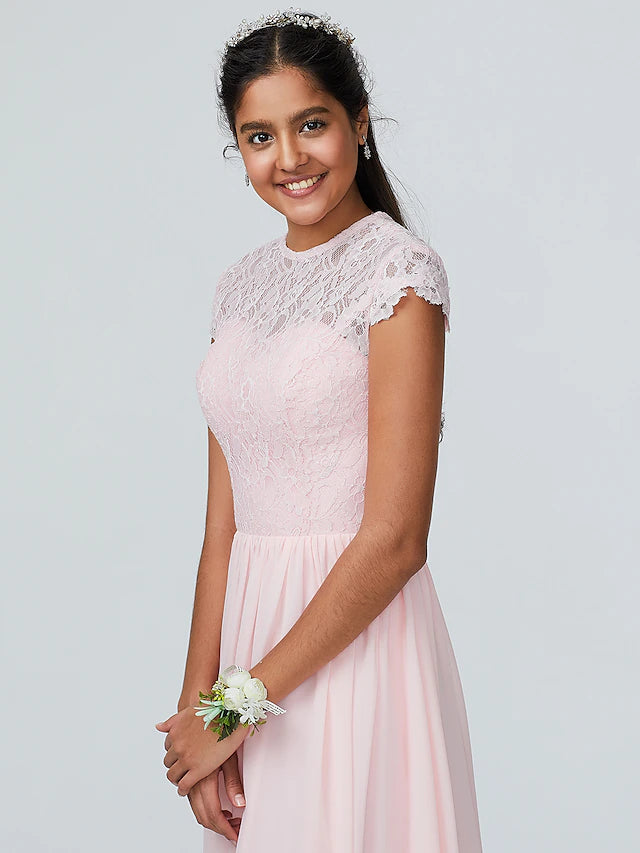 A-Linie Brautjungfernkleid mit Rundhalsausschnitt, ärmellos, elegant, bodenlang, Chiffon mit Spitze, 2022 / Sparkle &amp; Shine