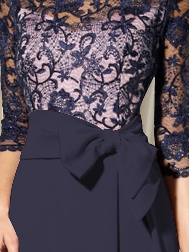 Sheath / Column Mother of the Bride Dress Elegant Jewel Neck Floor Length Chiffon Lace 3/4 Length Sleeve with Bow(s) Color Block