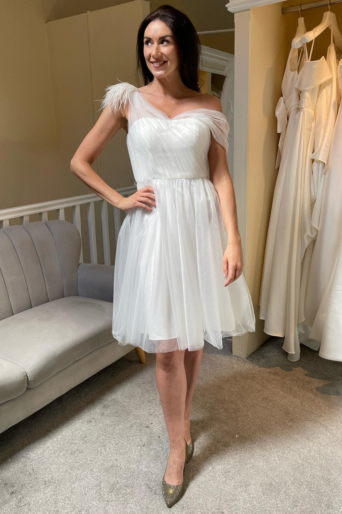 Feather Tulle A-line One Shoulder Sleeveless Knee Length Homecoming Dress
