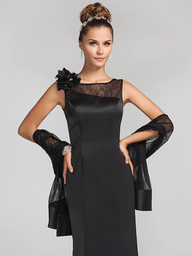 Mermaid / Trumpet Mother of the Bride Dress Wrap Included Jewel Neck Floor Length Satin Lace Sleeveless with Lace Buttons Flower