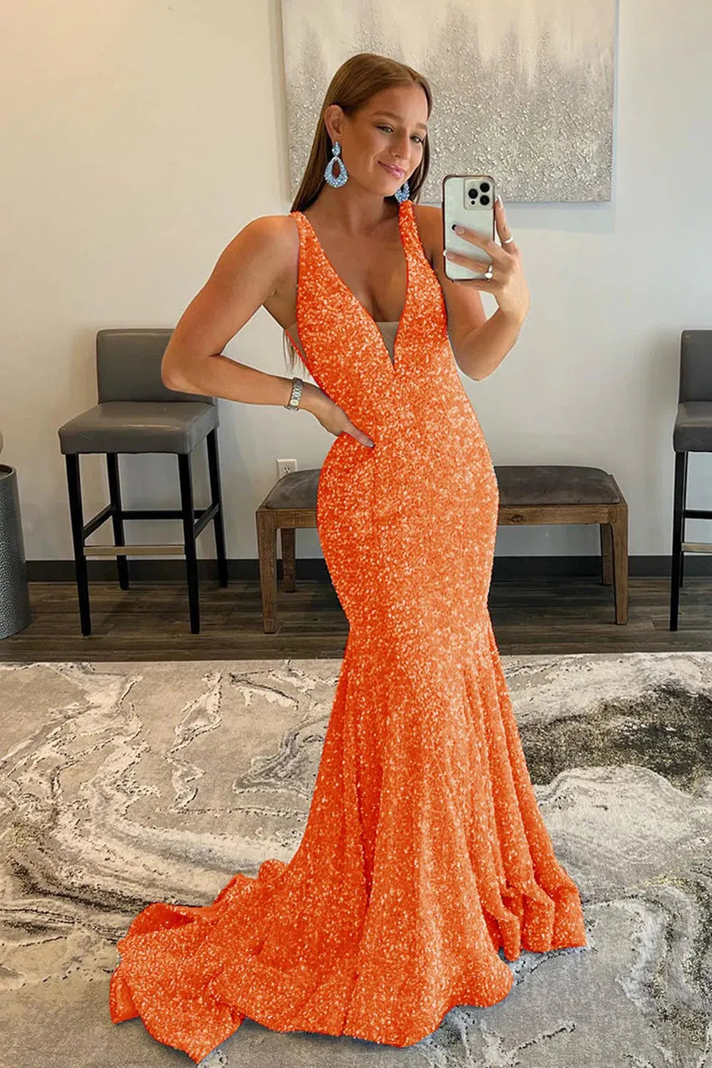 Mermaid Deep V Neck Sequins Prom Dress with Open Back