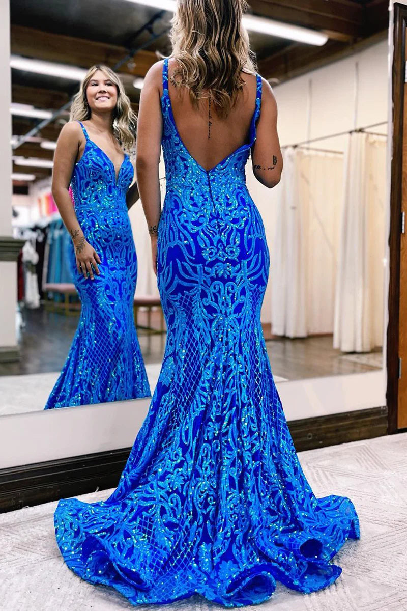 Mermaid V Neck Sequins Long Prom Dresses
