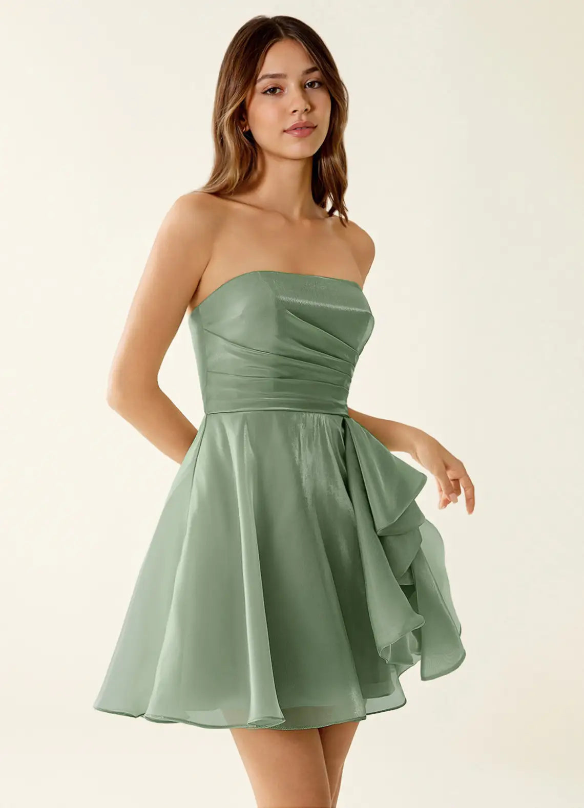 Chic A-Line Strapless Ruched Ruffled Sage Green Short Homecoming Dress