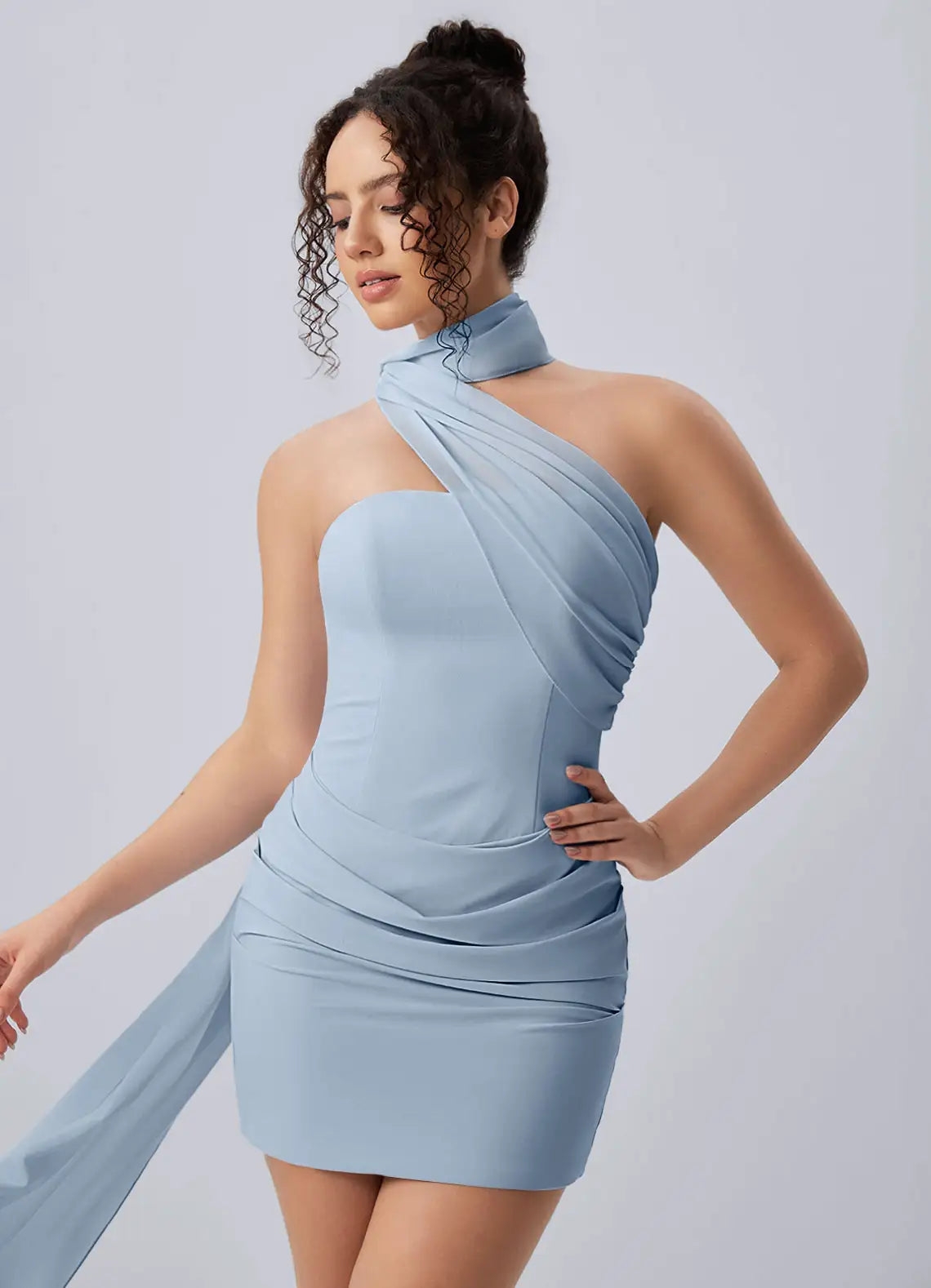 Chic Fitted One Shoulder Sleeveless Ruched Light Blue Mini Homecoming Dress