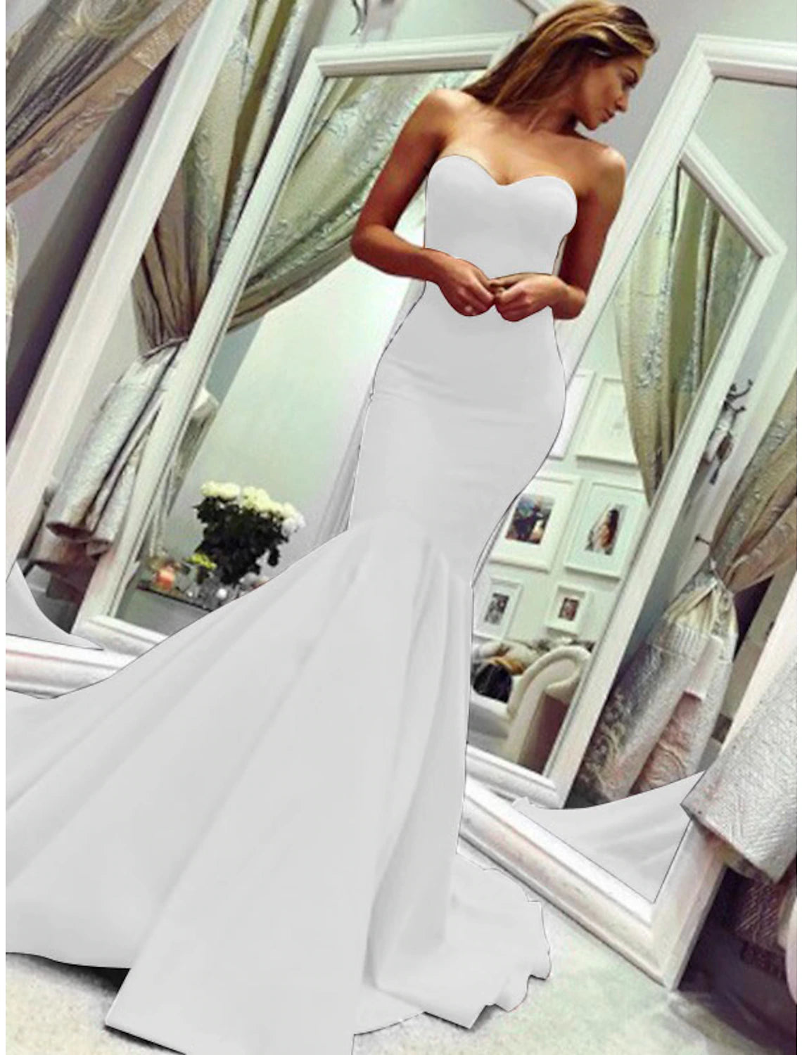 Meerjungfrau-Partykleid, minimalistisch, sexy, für Hochzeitsgäste, formeller Abend, Valentinstagskleid, trägerlos, ärmellos, Hofschleppe, Stretchstoff mit Falten