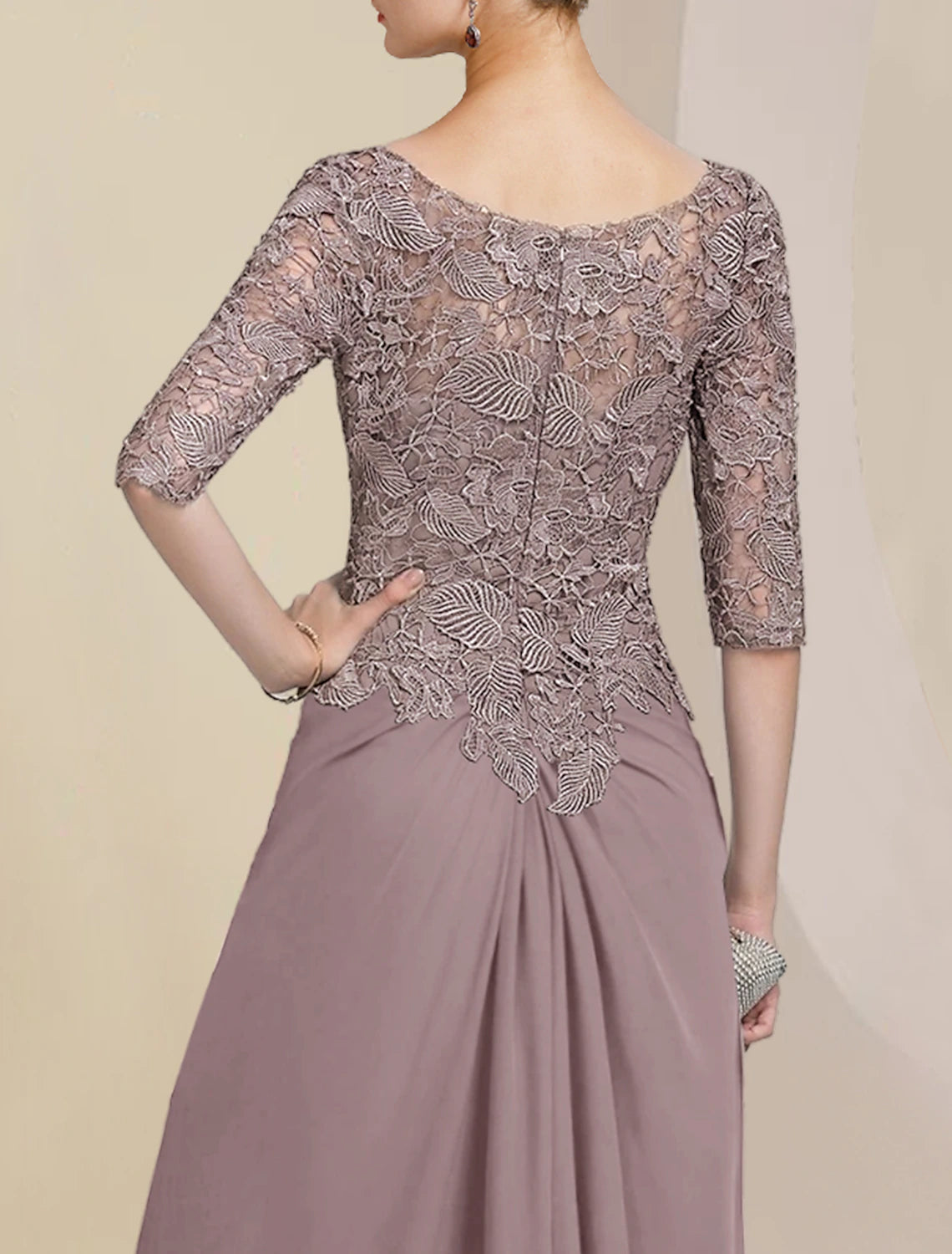 Sheath / Column Mother of the Bride Dress Formal Wedding Guest Elegant Scoop Neck Floor Length Chiffon Lace Half Sleeve with Appliques