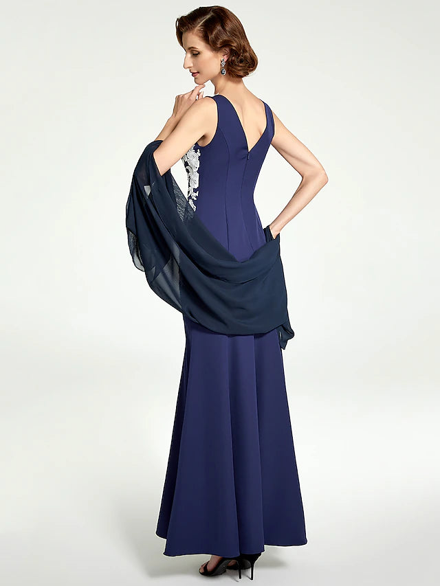 Mermaid / Trumpet Mother of the Bride Dress Jewel Neck Floor Length Chiffon Lace Sleeveless with Lace