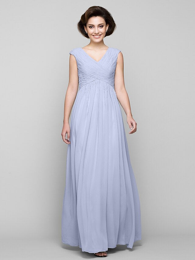 A-Line Mother of the Bride Dress Elegant V Neck Floor Length Chiffon Sleeveless with Criss Cross Beading