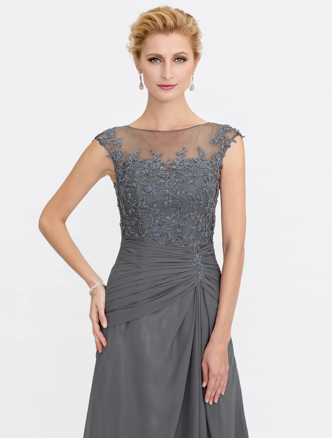 A-Linie Kleid für die Brautmutter, Hochzeitsgast, elegant, durchsichtig, Bateau-Ausschnitt, bodenlang, Chiffon, Spitze, ärmellos, mit seitlicher Drapierung