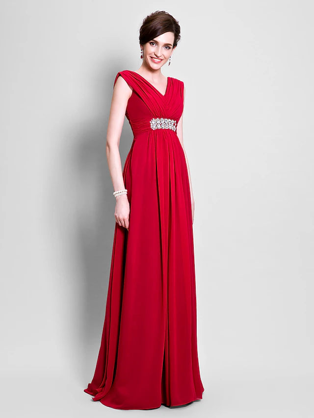 A-Line Mother of the Bride Dress Open Back V Neck Floor Length Chiffon Sleeveless with Beading Side Draping