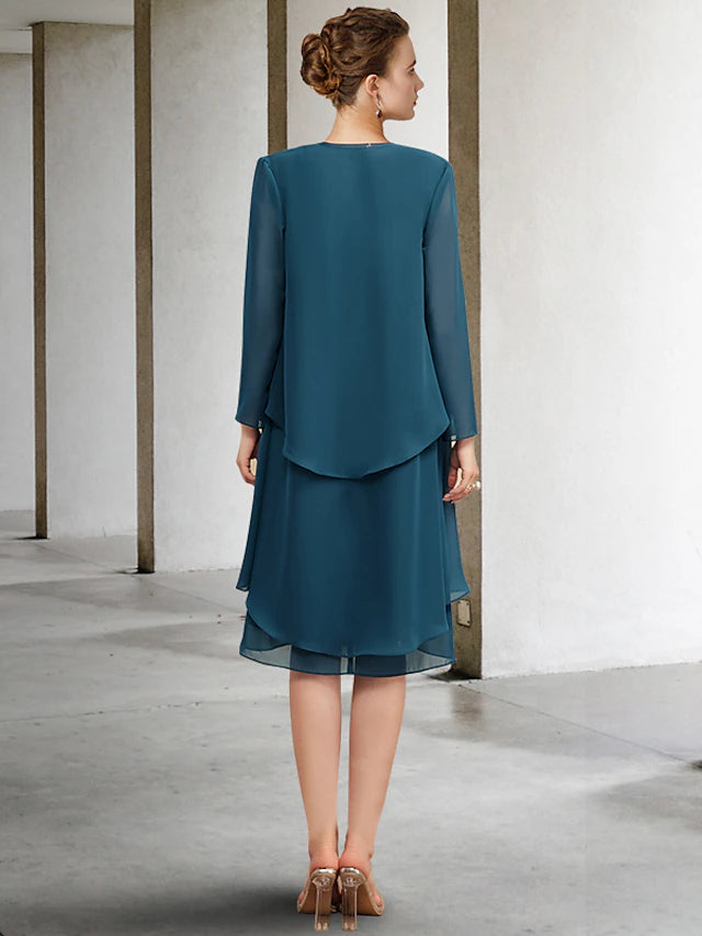 Two Piece Sheath / Column Mother of the Bride Dress Church Vintage Elegant V Neck Knee Length Chiffon Sleeveless Wrap Included Jacket Dresses with Draping Tier