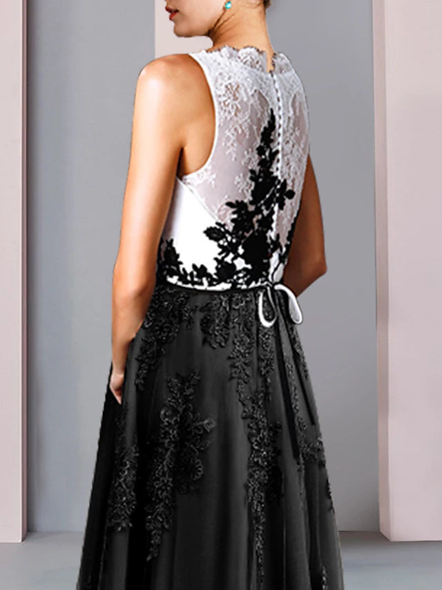 Sheath / Column Mother of the Bride Dress Wedding Guest Vintage Party Scoop Neck Tea Length Lace Tulle Sleeveless with Bow(s) Pleats Color Block