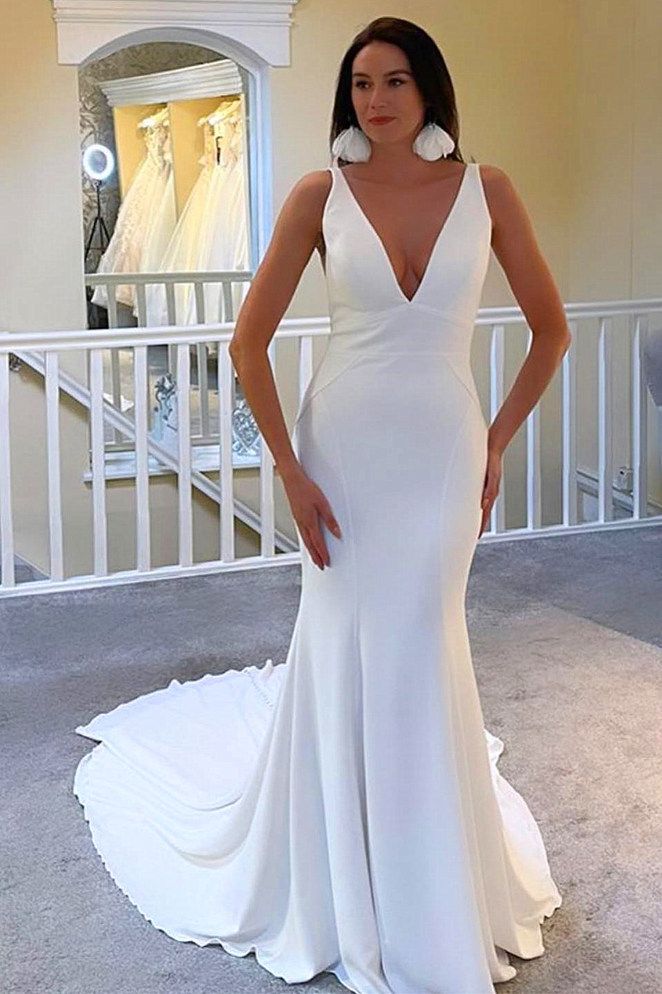 Crepe Mermaid Deep V Strap Sleeveless Low Open Back Train Wedding Dress