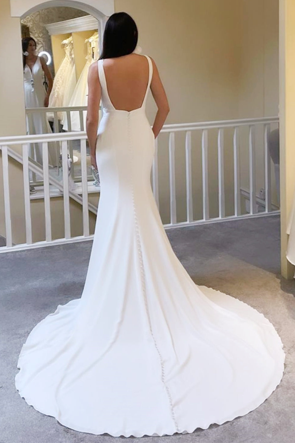 Crepe Mermaid Deep V Strap Sleeveless Low Open Back Train Wedding Dress
