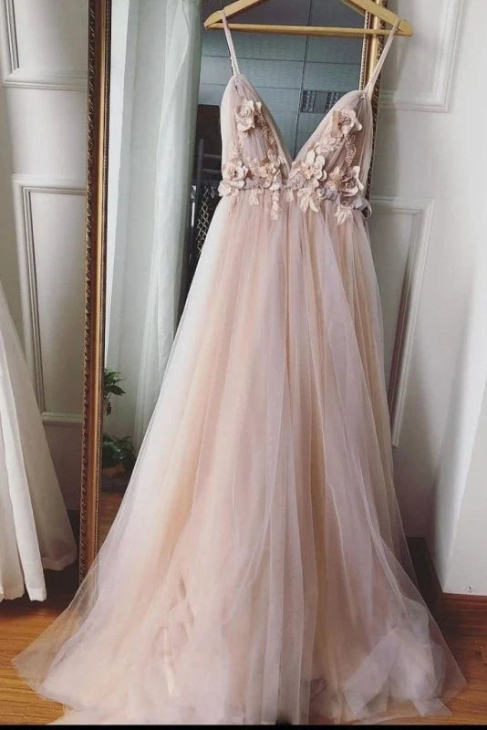 A Line Spaghetti Straps Deep V Neck Tulle Flowers Prom Dress
