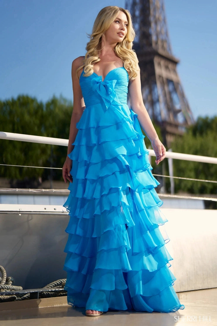 Flowy A-line V-neck Spaghetti Strap Open Back Tiered Long Homecoming Dress