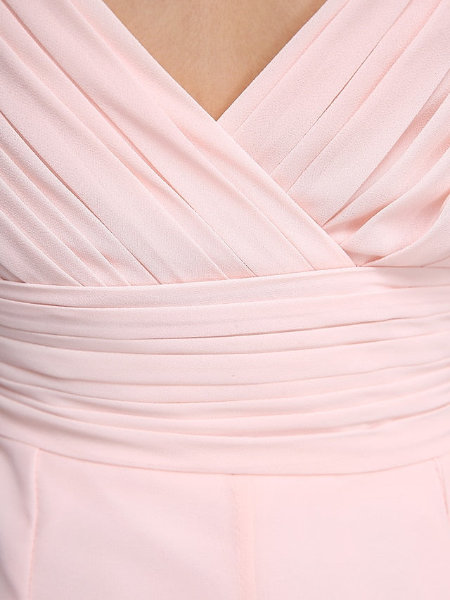 Etui-/Säulen-Brautjungfernkleid, V-Ausschnitt, ärmellos, elegant, bodenlang, Chiffon mit gekreuzten/gerüschten Ärmeln