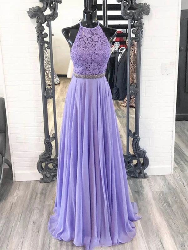 A Line Halter Neck Lace Prom Dresses