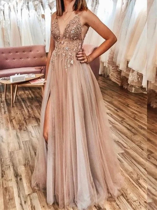A Line V Neck Beaded Long Prom Dresses