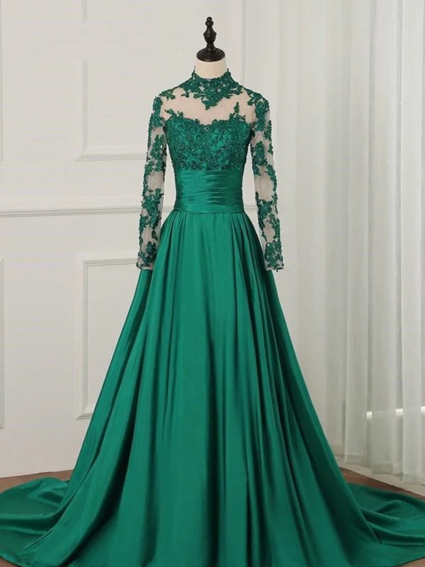 Long Sleeves High Neck Lace Prom Dresses