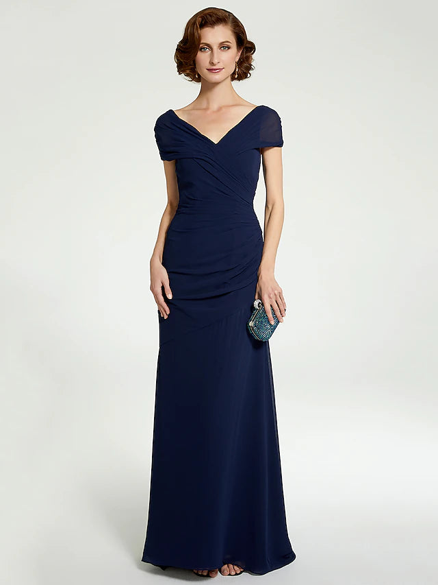 A-Line Mother of the Bride Dress V Neck Floor Length Chiffon Sleeveless with Lace Ruching