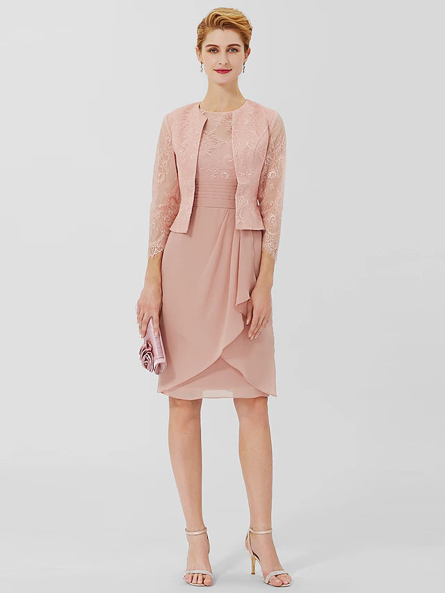 Sheath / Column Mother of the Bride Dress Formal Classic & Timeless Elegant & Luxurious Convertible Dress Jewel Neck Knee Length Chiffon Sheer Lace 3/4 Length Sleeve with Sash / Ribbon