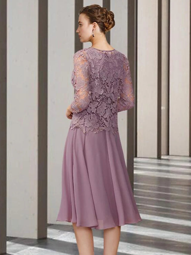 Two Piece A-Line Mother of the Bride Dress Elegant Jewel Neck Knee Length Chiffon Lace Sleeveless with Solid Color
