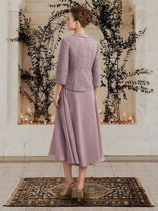 Two Piece A-Line Mother of the Bride Dress Church Elegant Jewel Neck Floor Length Tea Length Chiffon Lace Sleeveless Short Jacket Dresses with Ruffles Appliques