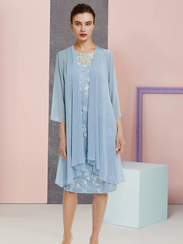 Two Piece Sheath / Column Mother of the Bride Dress Formal Wedding Guest Vintage Elegant Scoop Neck Knee Length Chiffon Lace Sleeveless Jacket Dresses with Appliques