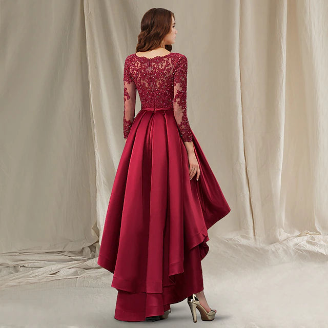 A-Line Mother of the Bride Dress Luxurious Elegant High Low V Neck Asymmetrical Floor Length Satin Lace Half Sleeve with Beading Appliques