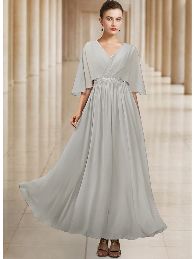 A-Line Mother of the Bride Dress Elegant V Neck Ankle Length Chiffon Half Sleeve with Sash / Ribbon Pleats