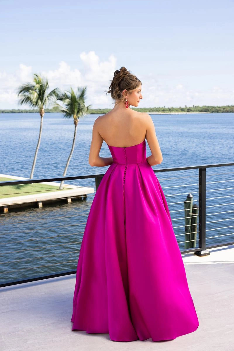 Vibrant A-Line Strapless Bow Front Button Back Satin Prom Dress