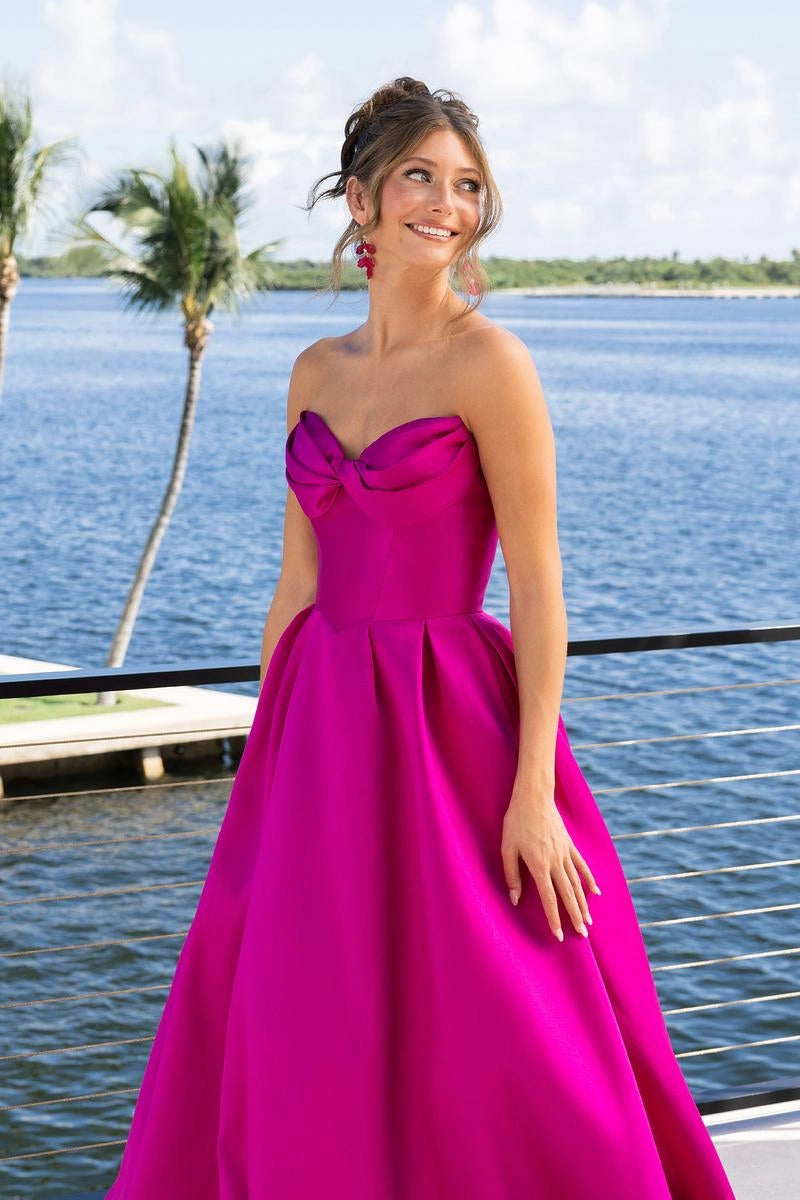 Vibrant A-Line Strapless Bow Front Button Back Satin Prom Dress