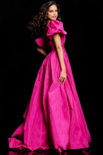 Vibrant A Line One Shoulder Puff Sleeve Zipper Back Slit Long Prom Dress