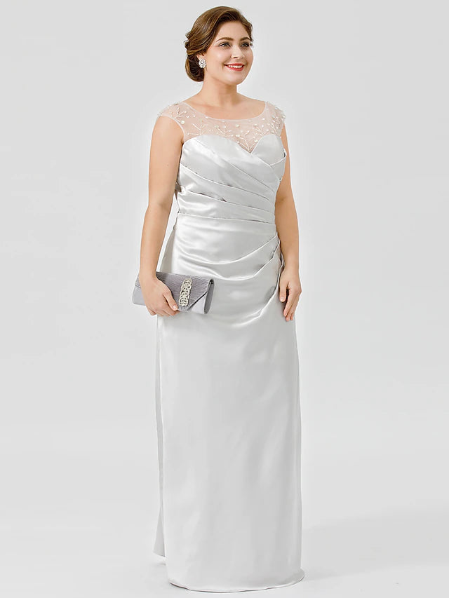 Sheath / Column Mother of the Bride Dress Classic & Timeless Elegant & Luxurious Plus Size Jewel Neck Floor Length Satin Sleeveless No with Pleats Crystals