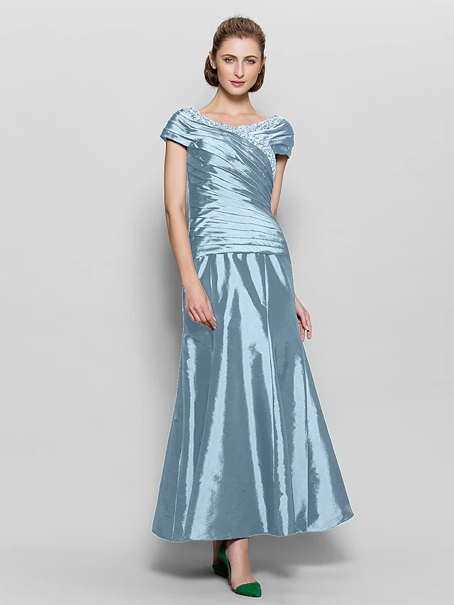 A-Line Mother of the Bride Dress Vintage Inspired V Neck Ankle Length Taffeta Short Sleeve with Beading Side Draping