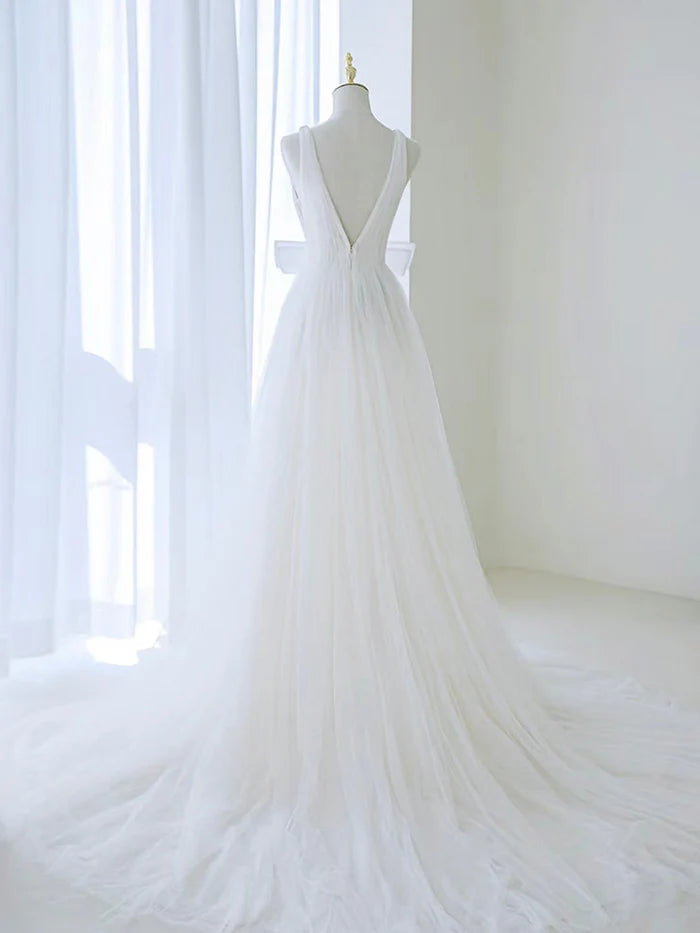 A-Line V Neck Tulle Long Wedding Dress