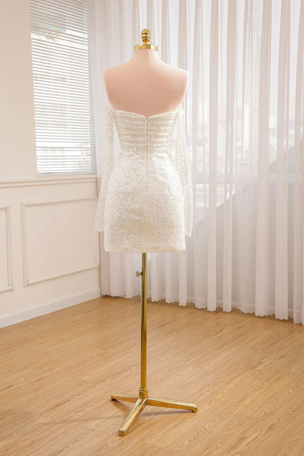 Short Beaded Long Detachable Sleeves Wedding Dress