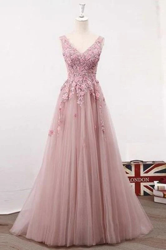 A Line Elegant V Neck Tulle Appliques Evening dresses Flowers Prom Dresses