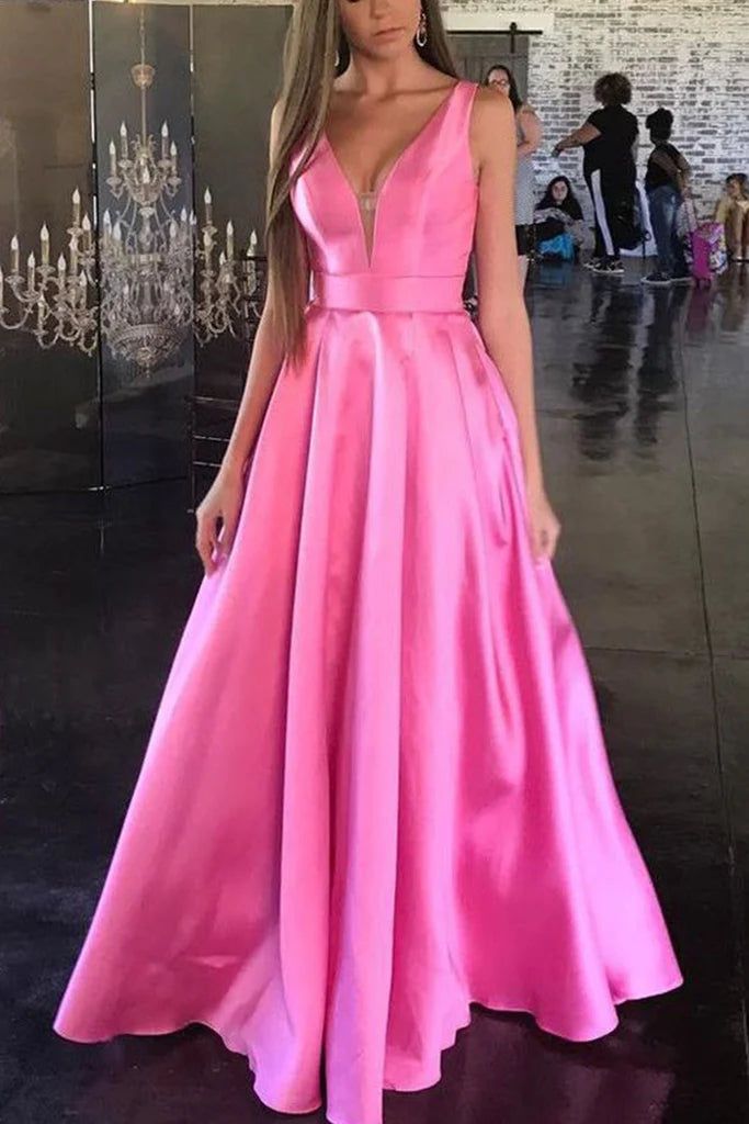 Träger V-Ausschnitt Satin Ballkleid Formelles Abendkleid