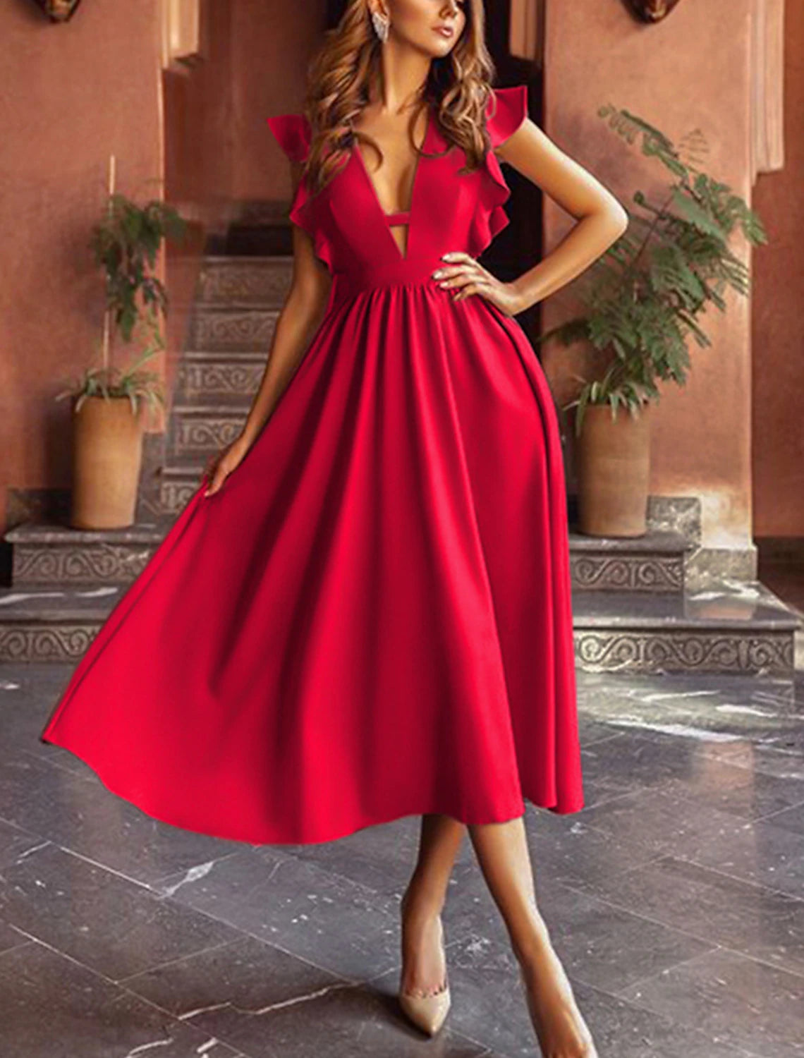 A-Line Princess Cute Wedding Guest Prom Dress V Neck Sleeveless Tea Length Stretch Fabric with Ruffles Pure Color