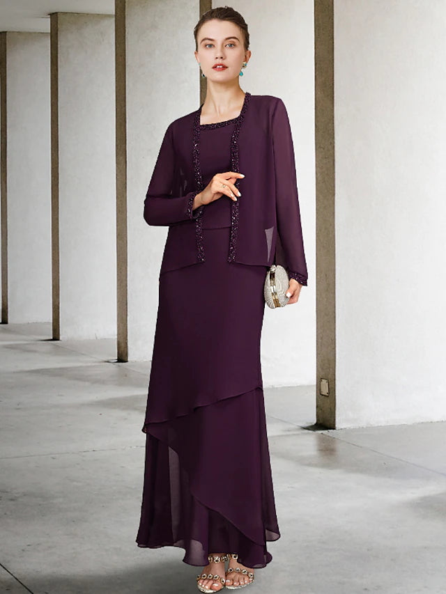 Two Piece A-Line Mother of the Bride Dress Plus Size Elegant Square Neck Ankle Length Chiffon Sleeveless Wrap Included Jacket Dresses with Pearls Beading Tier