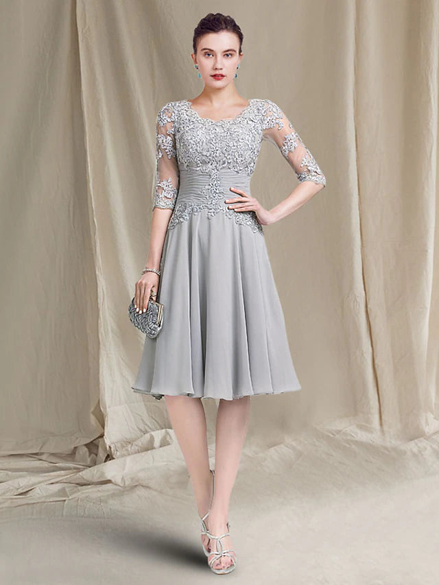 A-Line Mother of the Bride Dress Elegant Square Neck Knee Length Chiffon Lace Half Sleeve with Ruched Appliques