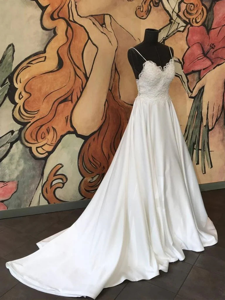 A-line Spaghetti Straps Satin Wedding Dress With Lace Appliques